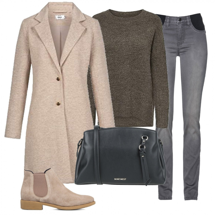 Outfit donna - Tutti i giorni. Stile Basic per Tutti i giorni. Abbinamento con jeans, borse a tracolla, stivaletti, cappotti, pullovers.