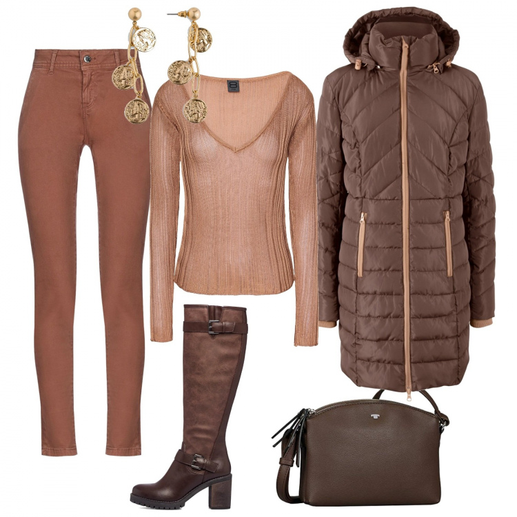 Outfit donna - Casual in marrone. Stile Casual per Tutti i giorni. Abbinamento con blazer, orecchini, pantaloni, pullovers, stivali, borse a spalla.