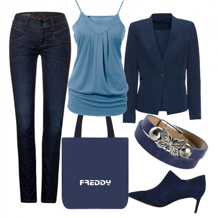 Outfit donna - Informale per lo shopping. Stile Casual per Tutti i giorni. Abbinamento con blazer, top, braccialetti, shopping bag, jeans, stivali.