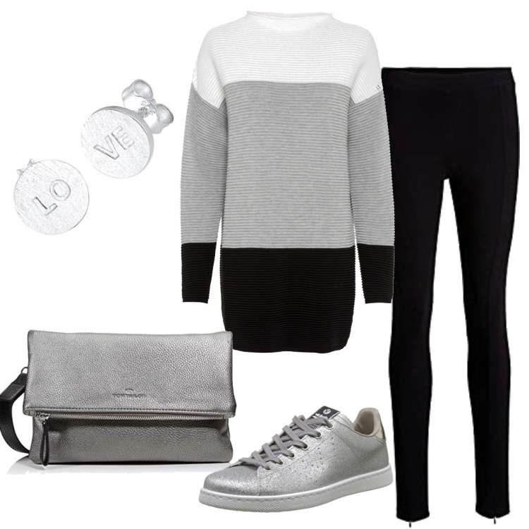 Outfit donna - Casual #9649. Stile Casual per Tutti i giorni. Abbinamento con maglieria, leggings, sneakers, borse a spalla, orecchini.