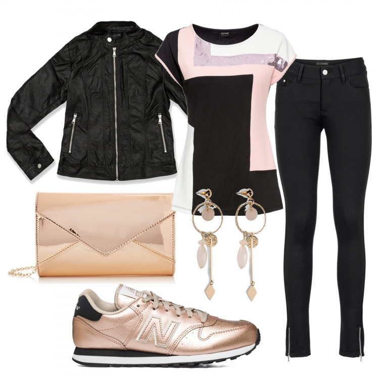 Outfit donna - Sneakers brillanti. Stile Casual per Serata fuori. Abbinamento con pantaloni, orecchini, maglieria, sneakers, giacche, pochette.