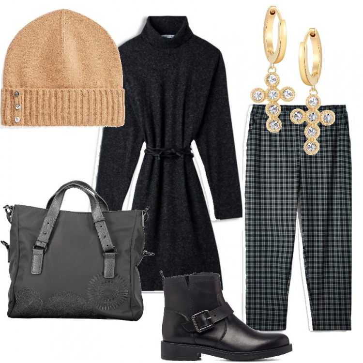 Outfit donna - Curvy e di tendenza. Stile Casual chic per Tutti i giorni. Abbinamento con cappelli, pantaloni chino, vestiti, orecchini, stivaletti, borse a spalla.