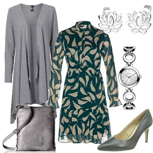 Outfit donna - L\'abito verde in chiffon. Stile Romantica per Tutti i giorni. Abbinamento con cardigans, vestiti, scarpe col tacco, borse a mano, orologi, orecchini.