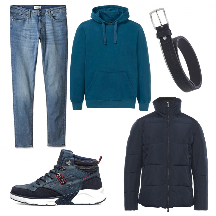 Outfit uomo - Il piumino per l\'inverno. Stile Trendy per Tutti i giorni. Abbinamento con felpe con cappuccio, piumini, anfibi, cinture, jeans skinny.