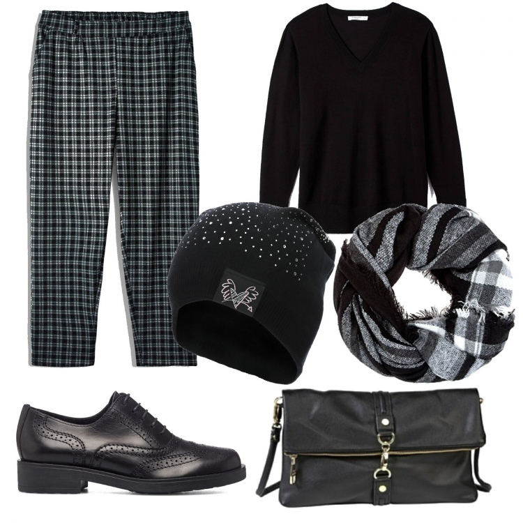 Outfit donna - Curvy love con Terranova. Stile Casual per Ufficio. Abbinamento con pantaloni chino, maglieria, berretti, scarpe stringate, borse a tracolla, sciarpe.