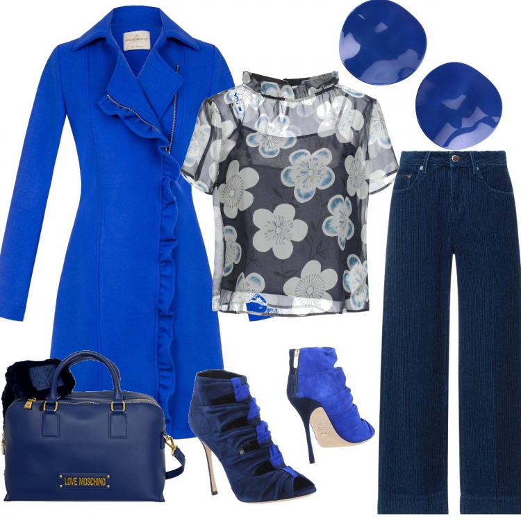 Outfit donna - Curvy electric blu. Stile Glamour per Serata fuori. Abbinamento con cappotti, stivaletti, jeans dritti, bluse, orecchini, borse a spalla.