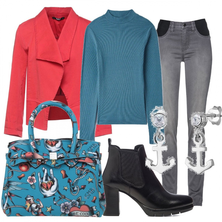 Outfit donna - Vita da marinaio. Stile Casual chic per Tutti i giorni. Abbinamento con jeans, borse a mano, blazer, t-shirt, stivaletti, orecchini.
