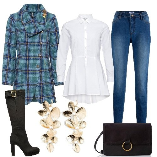 Outfit donna - Happy hours. Stile Glamour per Serata fuori. Abbinamento con camicie, cappotti, jeans, orecchini, stivali, pochette.