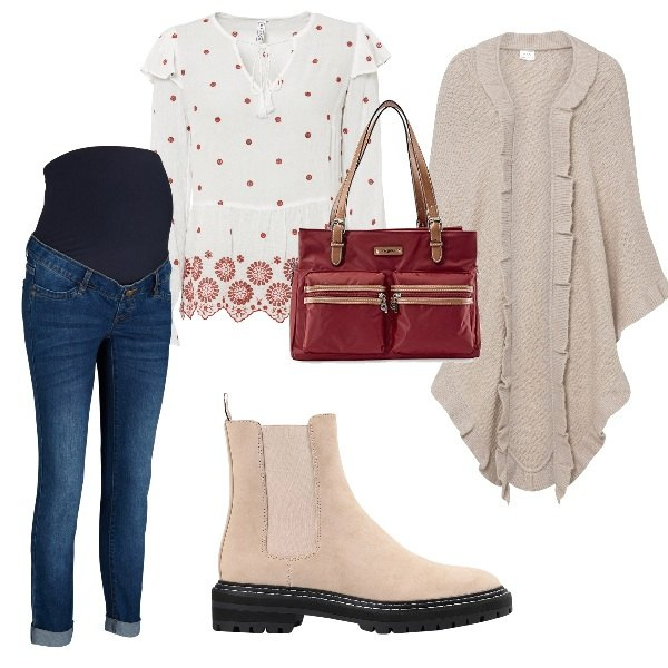 Outfit donna - Total look premaman low cost. Stile Basic per Tutti i giorni. look ideale per Premaman. Abbinamento con jeans, tuniche, cappotti, stivaletti, shopping bag.