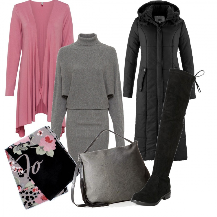 Outfit donna - Il cardigan rosa. Stile Trendy per Tutti i giorni. Abbinamento con vestiti, blazer, cardigans, stivali sopra il ginocchio, sciarpe, borse a tracolla.
