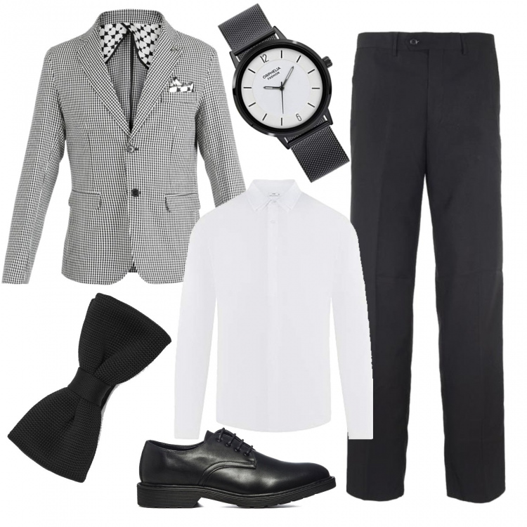 Outfit uomo - Invitato a matrimonio. Stile Business/Elegante per Cerimonia. Abbinamento con giacche, pantaloni, papillon, scarpe stringate, camicie, orologi analogici.