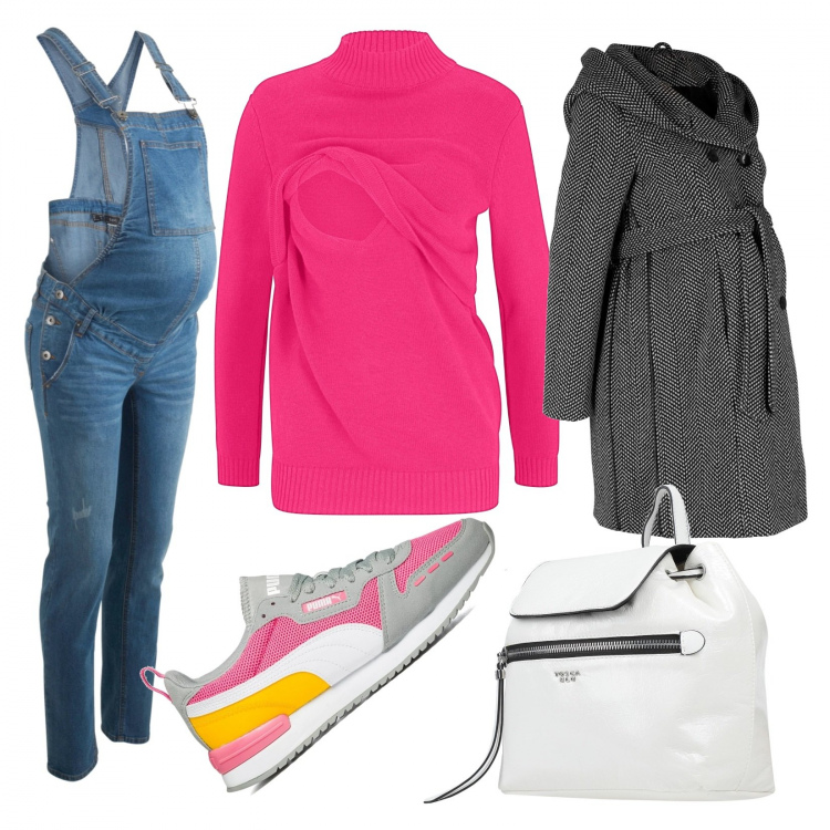 Outfit donna - Premaman. Stile Urban per Tutti i giorni. look ideale per Premaman. Abbinamento con salopette, maglieria, cappotti, zaini, sneakers.