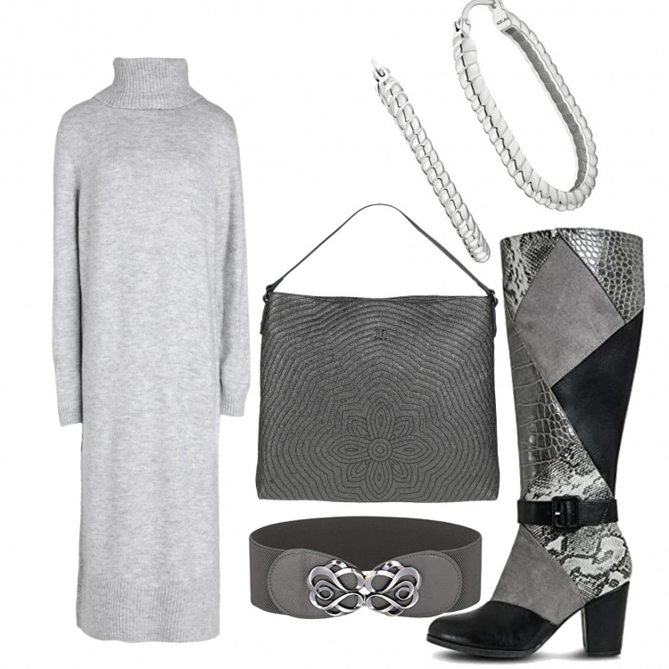 Outfit donna - Lo stivale che non ti aspetti. Stile Trendy per Tutti i giorni. Abbinamento con vestiti midi/longuette, borse a mano, stivali, cinture, orecchini.