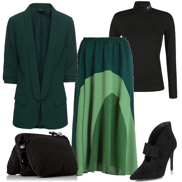 Outfit donna - Verde low cost. Stile Trendy per Serata fuori. Abbinamento con blazer, gonne lunghe, stivaletti, t-shirt, pochette.