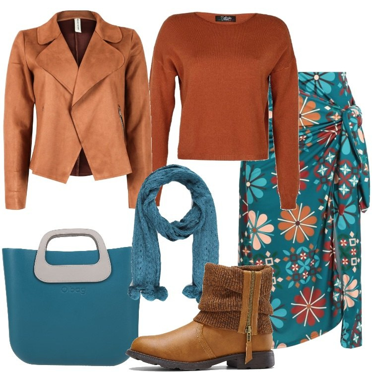 Outfit donna - Giacca corta e gonna longuette. Stile Casual per Tutti i giorni. Abbinamento con stivaletti, borse a mano, gonne lunghe, maglieria, blazer, sciarpe.