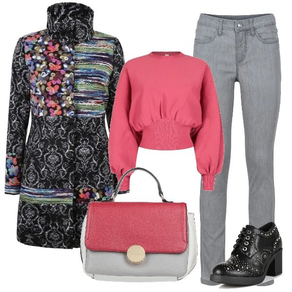 Outfit donna - Il cappotto in fantasia. Stile Trendy per Ufficio. Abbinamento con jeans skinny, borse a mano, cappotti, pullovers, francesine.