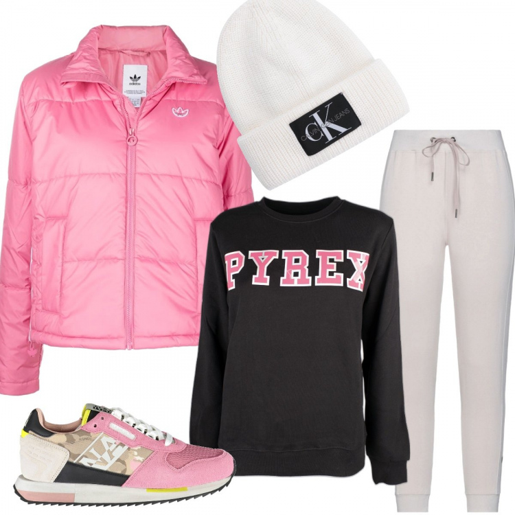 Outfit donna - Sporty col freddo. Stile Sporty chic per Tutti i giorni. Abbinamento con felpe, piumini, pantaloni, cappelli, sneakers.
