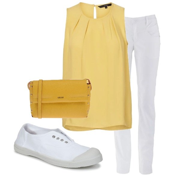 Outfit donna - Total look #118895. per Cerimonia. Abbinamento con pantaloni, borsa a tracolla mini con stampa e borchie tinta unita, sneakers, top collo tondo senza maniche.