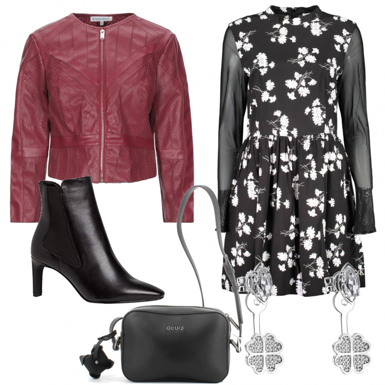 Outfit donna - Romantico black and love. Stile Romantica per Tutti i giorni. Abbinamento con giacche, orecchini, borse a tracolla, vestiti corti, stivaletti chelsea.