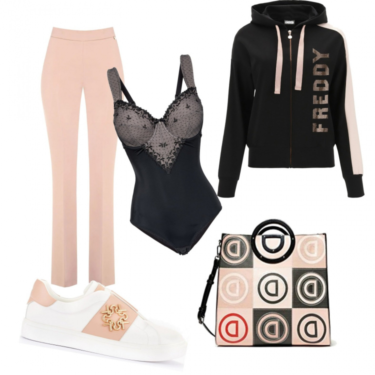 Outfit donna - Il body sexy e le sneakers. Stile Sporty chic per Tutti i giorni. Abbinamento con body, pantaloni, sneakers, felpe con cappuccio, borse a tracolla.