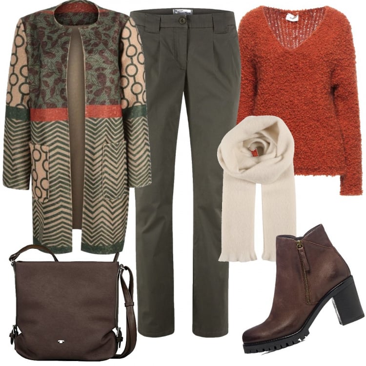 Outfit donna - Il cappotto particolare. Stile Casual chic per Tutti i giorni. Abbinamento con pantaloni chino, pullovers, cappotti, stivaletti, sciarpe, borse a tracolla.