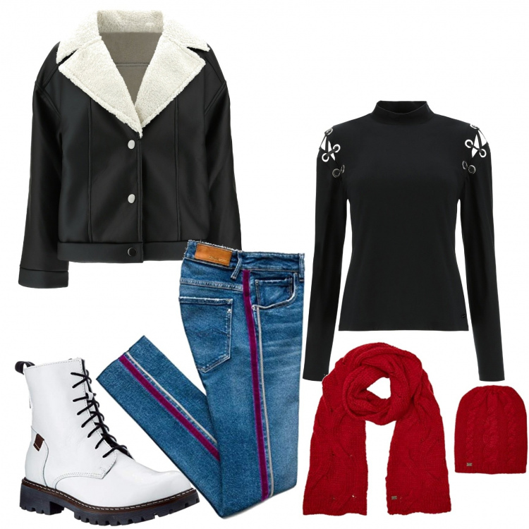 Outfit donna - Divertente. Stile Urban per Tutti i giorni. Abbinamento con maglieria, giacche, jeans boyfriend, sciarpe, anfibi.