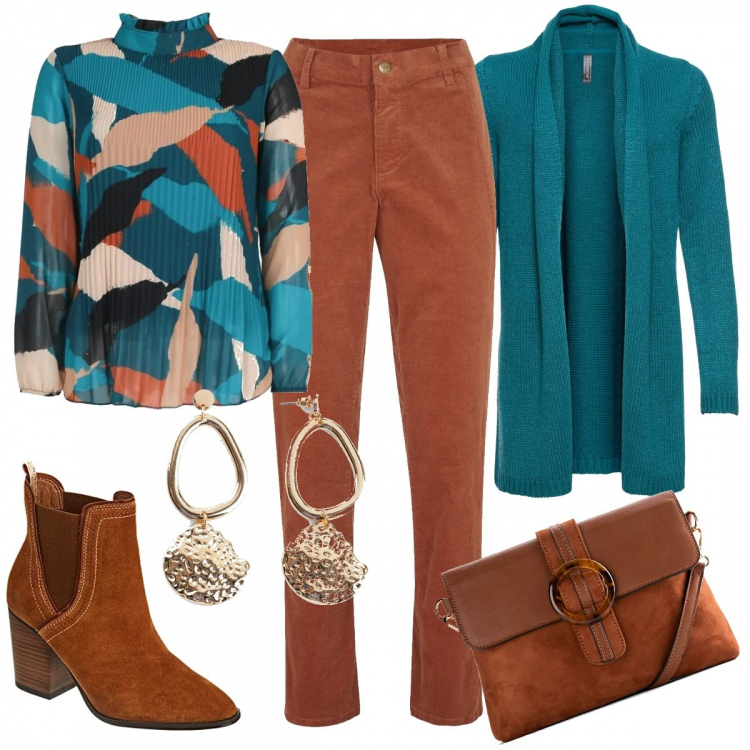 Outfit donna - La bluse colorata. Stile Basic per Tutti i giorni. Abbinamento con cardigans, pantaloni, borse a tracolla, orecchini, bluse, stivaletti.