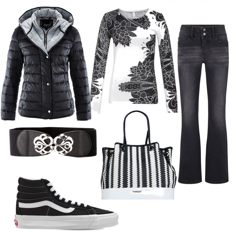 Outfit donna - Un comodo look Bonprix. Stile Casual per Scuola/Università. Abbinamento con piumini, cinture, maglieria, jeans bootcut, borse a mano, sneakers.