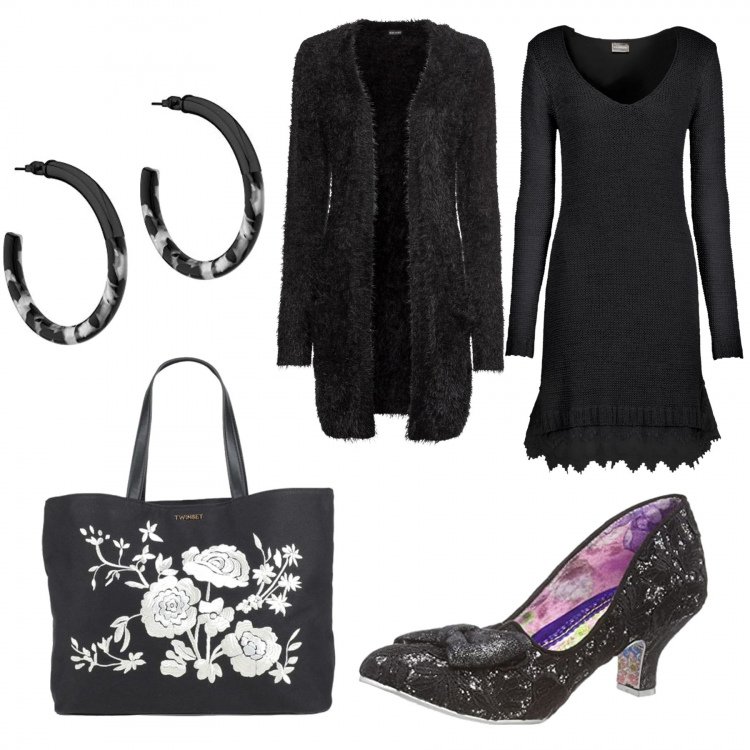 Outfit donna - Nero Bonprix più accessori. Stile Romantica per Serata fuori. Abbinamento con cardigans, vestiti, borse a mano, scarpe col tacco, orecchini.
