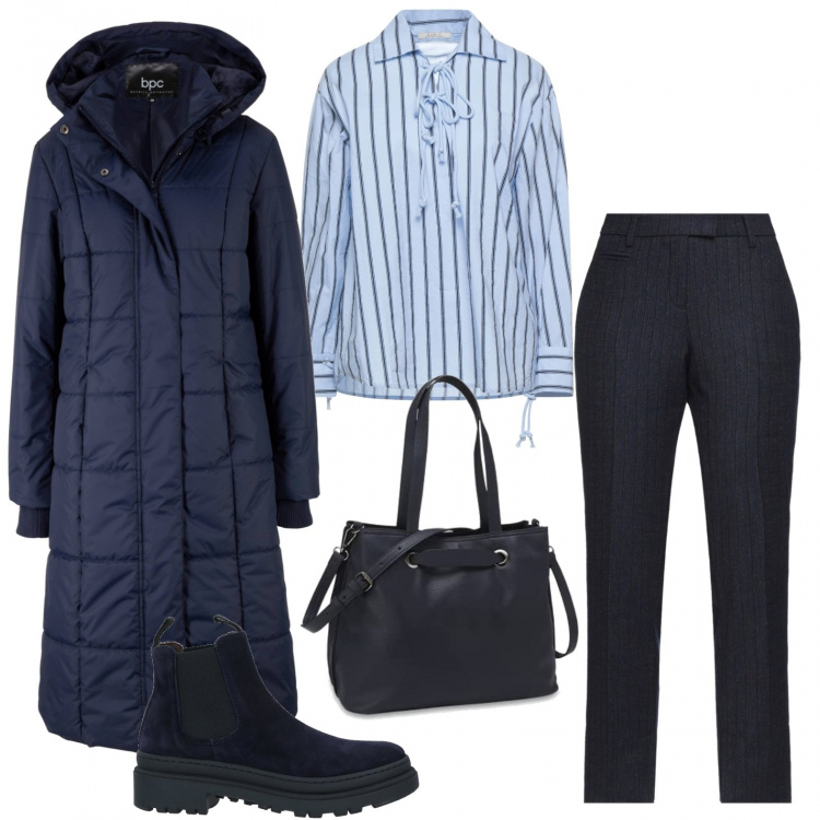 Outfit donna - Classico organizzato. Stile Basic per Scuola/Università. Abbinamento con blazer, stivaletti, pantaloni, camicie, borse a mano.
