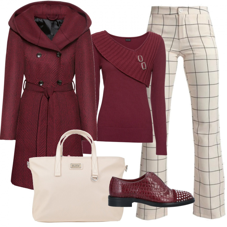 Outfit donna - Panna e ciliegia. Stile Casual per Ufficio. Abbinamento con maglieria, cappotti, mocassini, borse a mano, pantaloni.