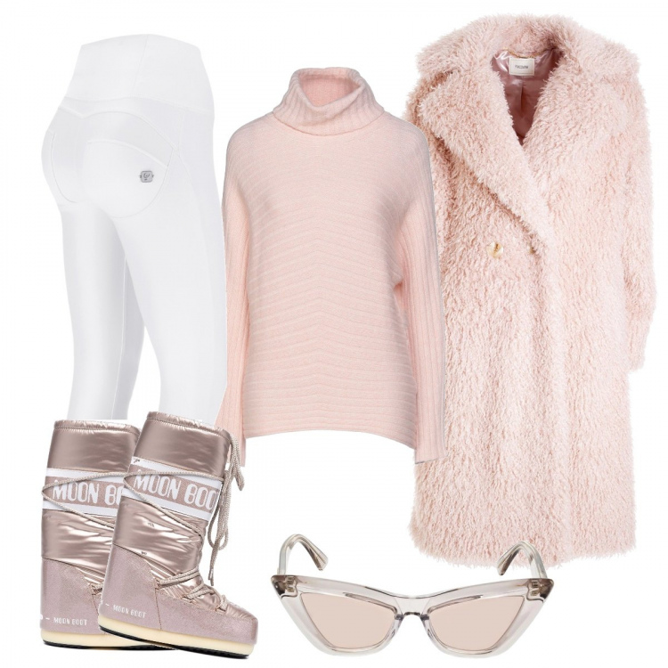 Outfit donna - Raffinata sulla neve. Stile Trendy per Tutti i giorni. Abbinamento con maglieria, cappotti, stivali, pantaloni skinny, occhiali da sole.