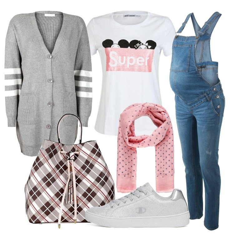 Outfit donna - Pratica in attesa. Stile Casual per Tutti i giorni. Abbinamento con salopette, cardigans, borse a secchiello, t-shirt, sciarpe, sneakers.