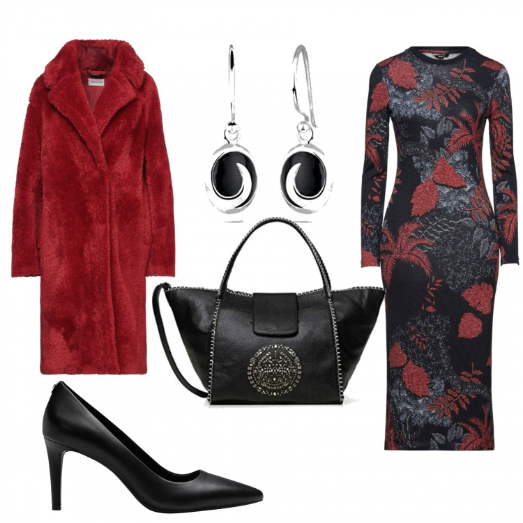Outfit donna - Serata in rosso e nero. Stile Glamour per Serata fuori. Abbinamento con décolleté, vestiti midi/longuette, cappotti, borse a mano, orecchini.