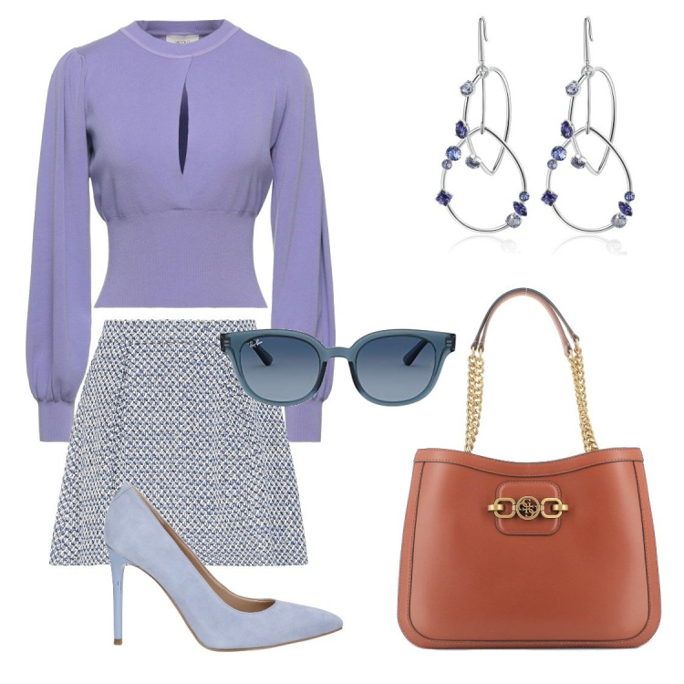 Outfit donna - Total look #1190835. Stile Preppy per Tutti i giorni. Abbinamento con décolleté, pullovers, minigonne, orecchini, shopping bag, occhiali da sole.