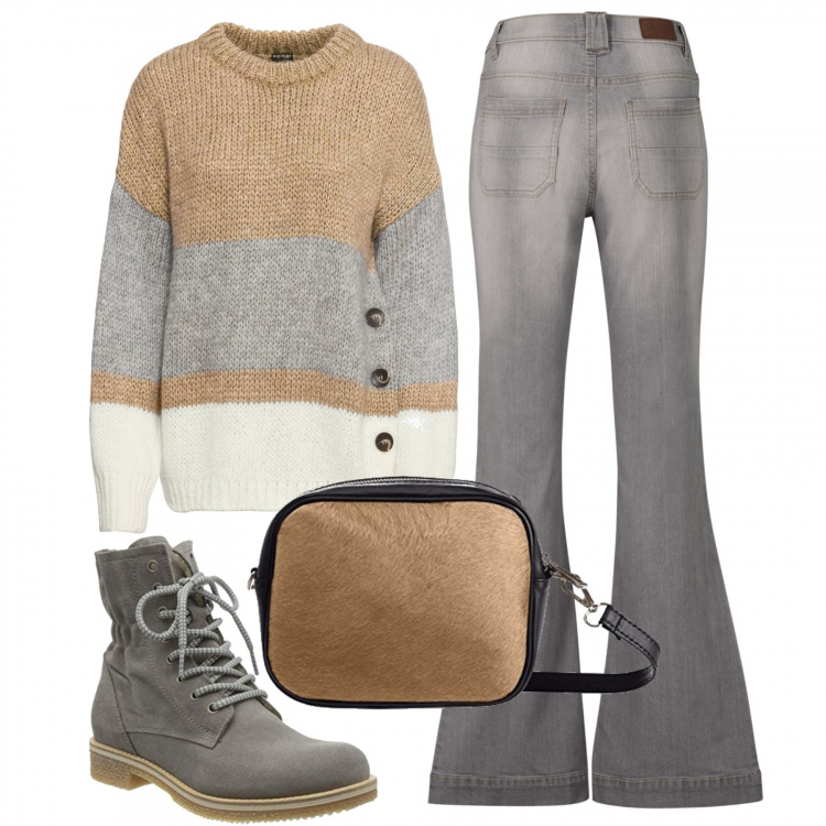 Outfit donna - Passeggiata in campagna. Stile Casual per Tutti i giorni. Abbinamento con maglieria, jeans a zampa, stivali, borse a spalla.