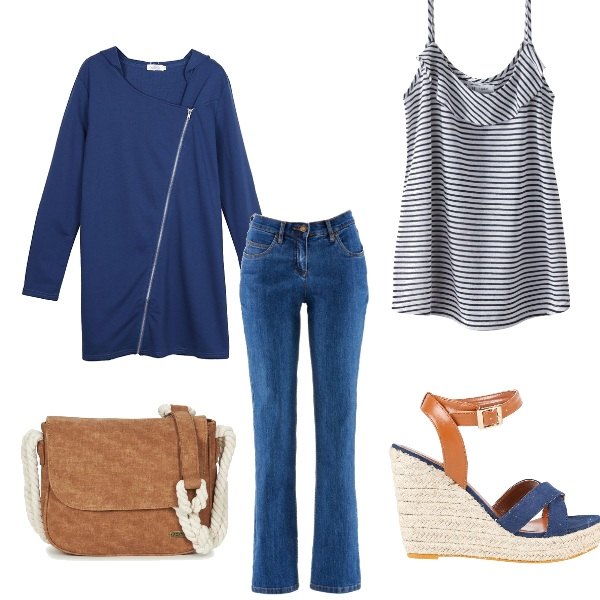 Outfit donna - Dopo il mare ... Fraschette!!!. Stile Basic per Serata fuori. look ideale per Petite. Abbinamento con jeans dritti, borsa a tracolla marrone, felpa forma asimmetrica lunga con cappuccio e zip blu scuro, sandali con zeppe e lacci incrociati in pelle sintetica, t-shirt fantasia con scollo.