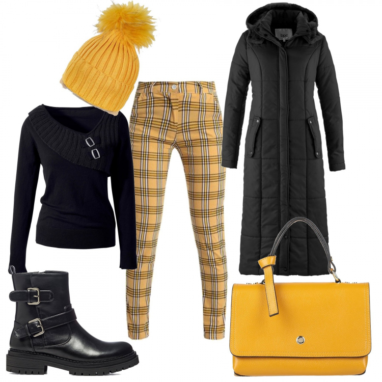 Outfit donna - Il sole d\'inverno. Stile Trendy per Tutti i giorni. Abbinamento con maglieria, blazer, borse a mano, pantaloni, cappelli con visiera, anfibi.