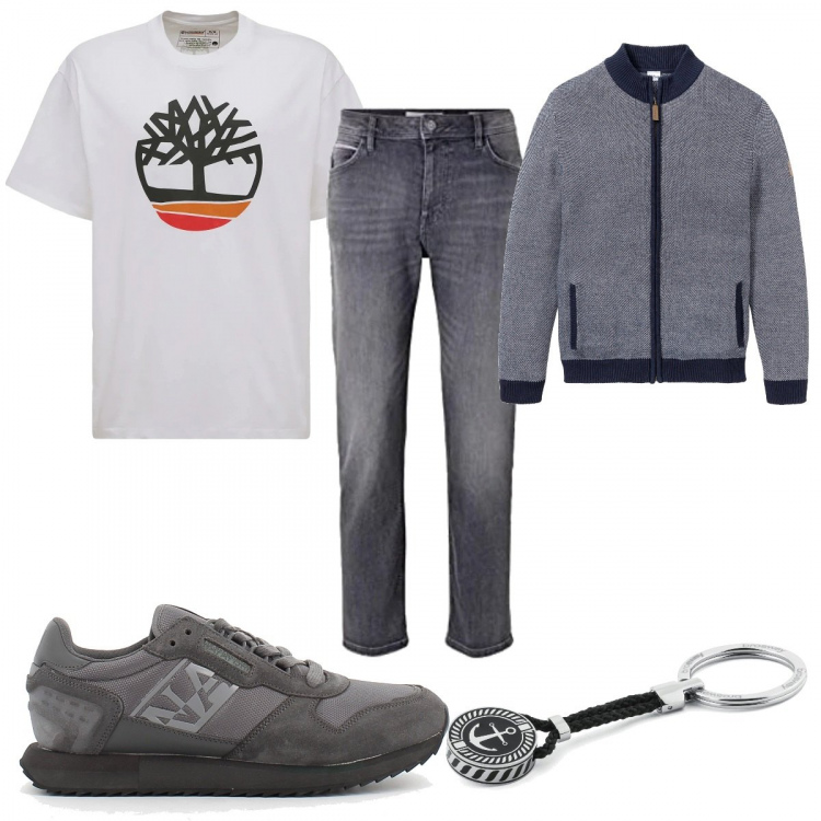 Outfit uomo - Il portachiavi trendy. Stile Trendy per Tutti i giorni. Abbinamento con cardigans, portachiavi, sneakers, jeans, t-shirt.