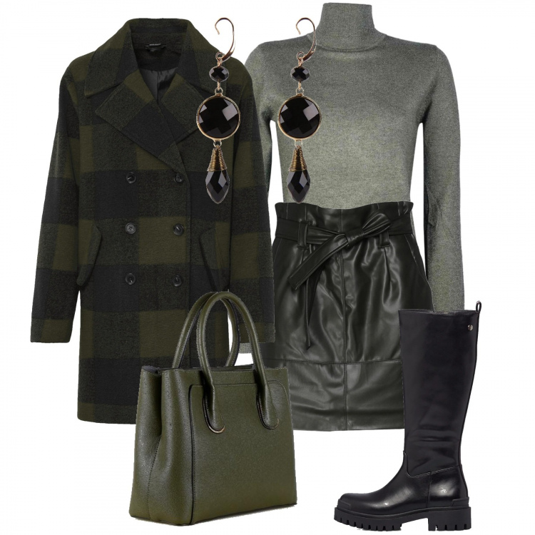 Outfit donna - Minigonna Verde. Stile Casual per Tutti i giorni. Abbinamento con minigonne, ballerine, pullovers, borse a mano, orecchini, stivali.