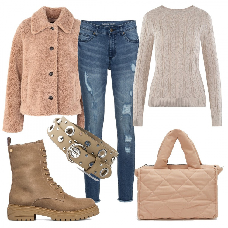 Outfit donna - Calda con stile. Stile Casual chic per Tutti i giorni. Abbinamento con jeans strappati, cinture, cappotti, borse a mano, anfibi, maglieria.