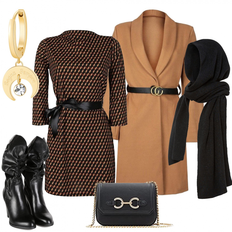 Outfit donna - Tacchi per una serata con le amiche. Stile Glamour per Serata fuori. Abbinamento con sciarpe, vestiti, cappotti, stivali, orecchini, borse a tracolla.