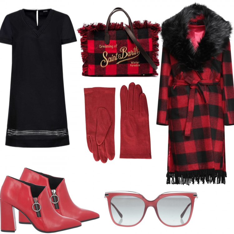 Outfit donna - Rosso Natale. Stile Glamour per Serata fuori. Abbinamento con vestiti, cappotti, stivaletti, occhiali da sole, borse tote, guanti.