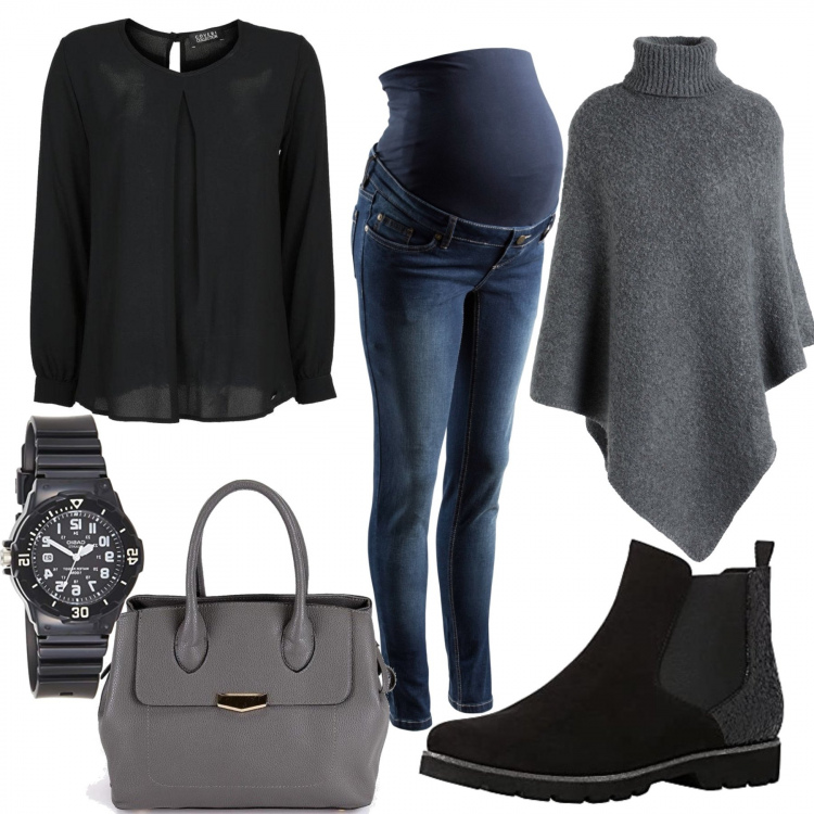Outfit donna - Trendy Mom. Stile Trendy per Tutti i giorni. look ideale per Premaman. Abbinamento con jeans skinny, cappe, bluse, borse a mano, orologi analogici, stivaletti chelsea.