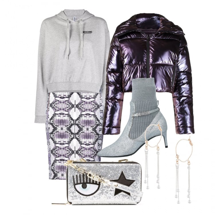 Outfit donna - Trendy con la felpa. Stile Glamour per Tutti i giorni. Abbinamento con stivaletti, gonne longuette, orecchini, clutch, felpe con cappuccio, piumini.
