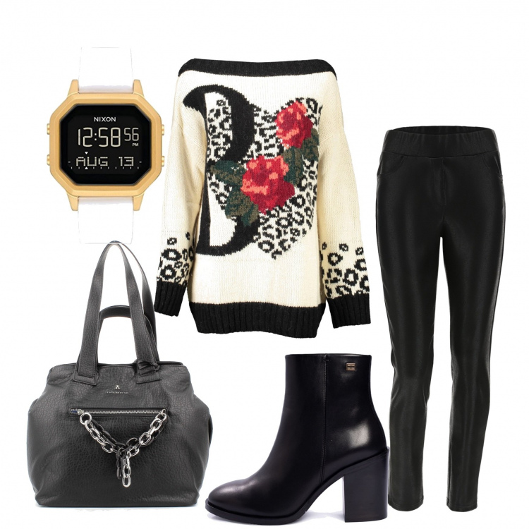 Outfit donna - Maxi pull. Stile Casual chic per Ufficio. Abbinamento con stivaletti, leggings, borse a mano, maglieria, orologi digitali.