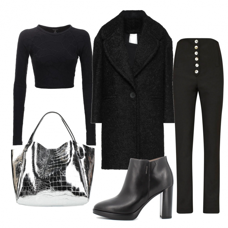 Outfit donna - Total con un tocco silver. Stile Rock per Tutti i giorni. Abbinamento con cappotti, borse a mano, stivaletti, pantaloni, top.