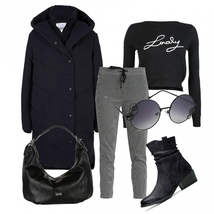 Outfit donna - Dopo scuola andiamo al cinema. Stile Basic per Tutti i giorni. Abbinamento con stivaletti texani, giacche, pantaloni, maglieria, borse a spalla, occhiali da sole.