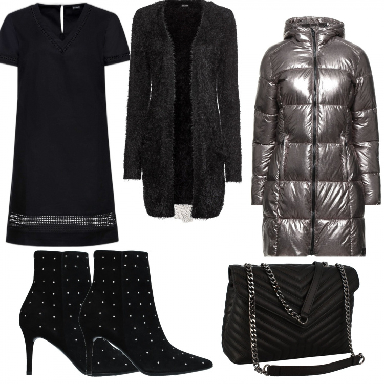 Outfit donna - Serata fredda. Stile Bon Ton per Serata fuori. Abbinamento con cardigans, vestiti, piumini, stivaletti, borse a tracolla, anelli.