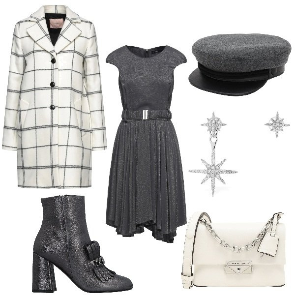 Outfit donna - Gray Passion. Stile Casual per Tutti i giorni. Abbinamento con cappotti, vestiti corti, borse a mano, stivaletti, orecchini, cappelli.